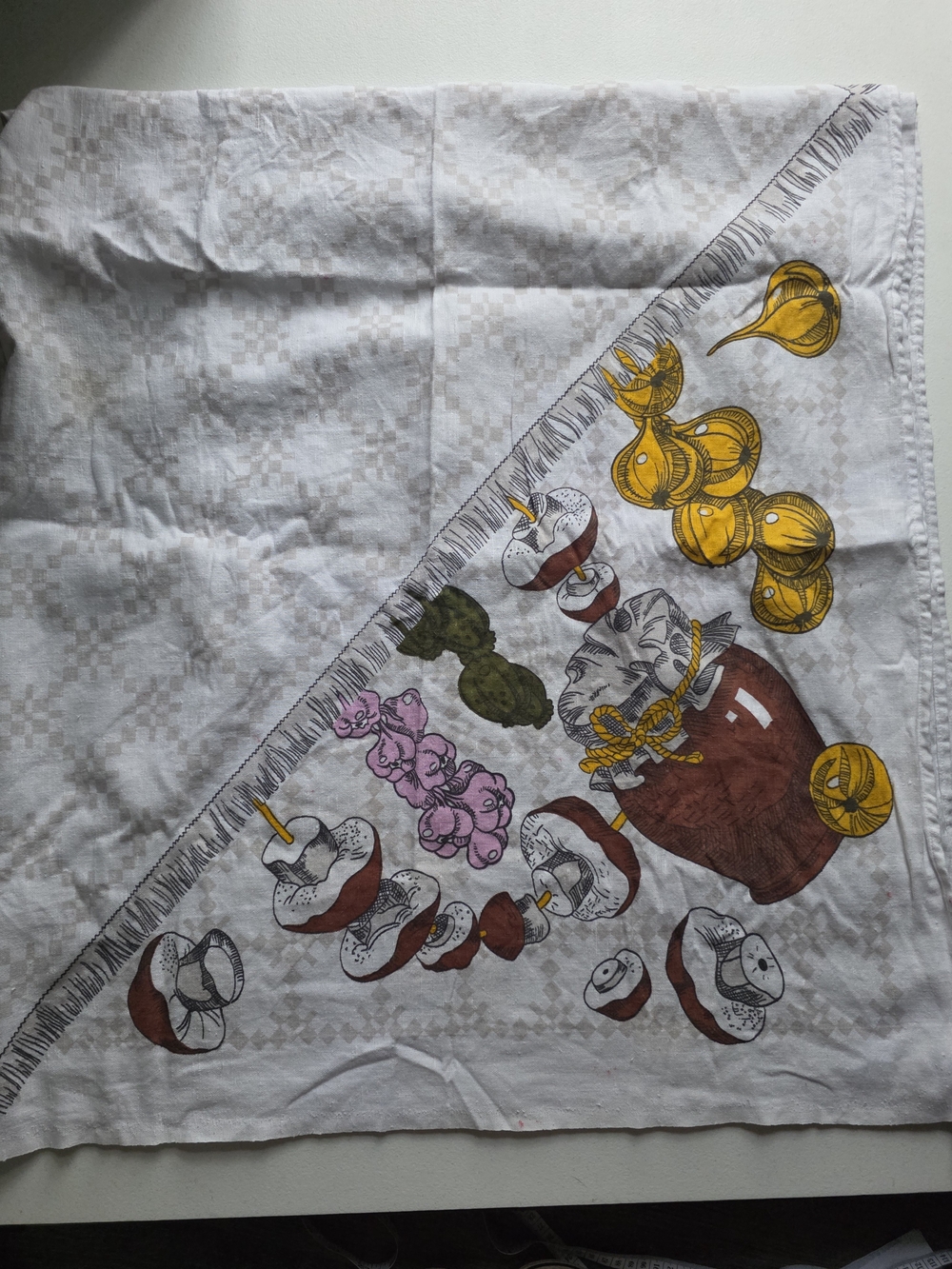 Vintage White Tablecloth with Yellow Pink And Brown Cottage Core Print